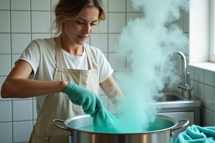 Femme mélangeant un bain de teinture polyester teal dans un pot en acier inoxydable dans une buanderie moderne