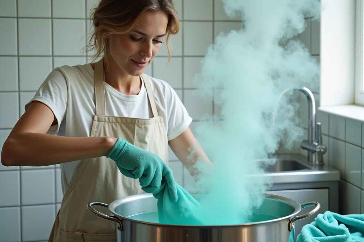 Femme mélangeant un bain de teinture polyester teal dans un pot en acier inoxydable dans une buanderie moderne
