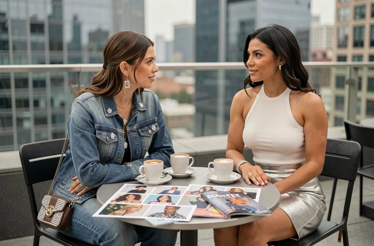 Deux femmes en tenue tendance 2026 inspirée des icônes pop années 2000 dans un café rooftop urbain chic