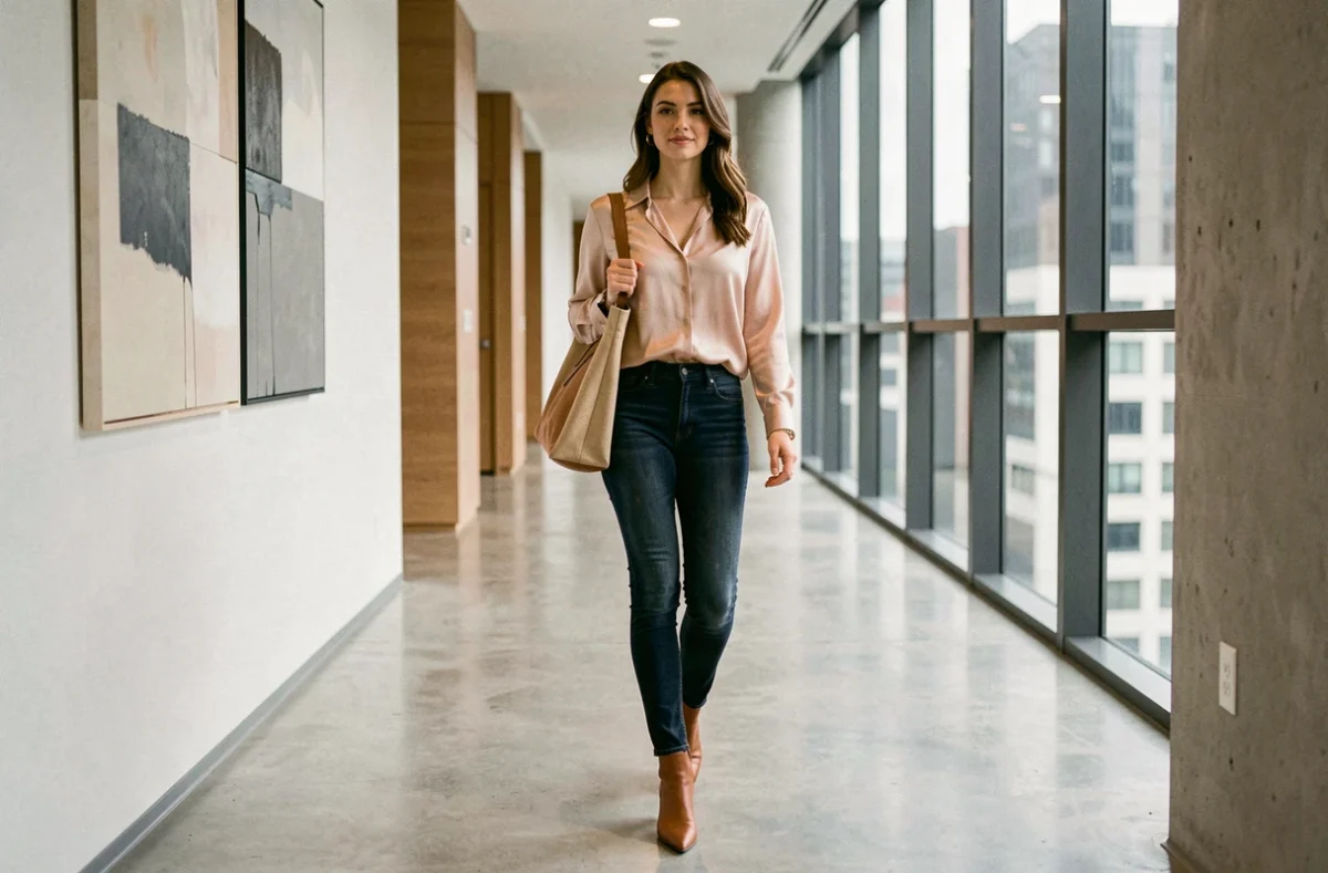 Femme en look casual friday élégant : jean slim, blouse en soie blush et bottines camel dans un couloir d'entreprise moderne