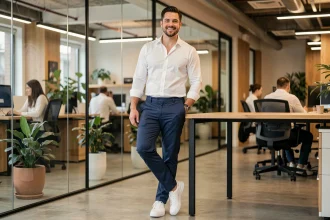 Homme en tenue casual friday au bureau : chino marine, chemise Oxford blanche et sneakers blanches dans un open space moderne