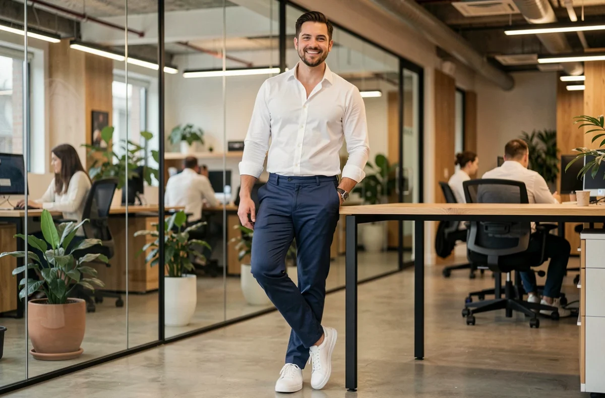 Homme en tenue casual friday au bureau : chino marine, chemise Oxford blanche et sneakers blanches dans un open space moderne