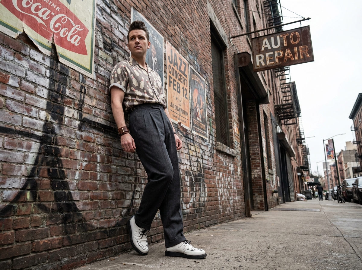 Homme en tenue rockabilly années 50 avec pantalon taille haute et chemise bowling dans une rue urbaine vintage, tendance mode rétro 2026