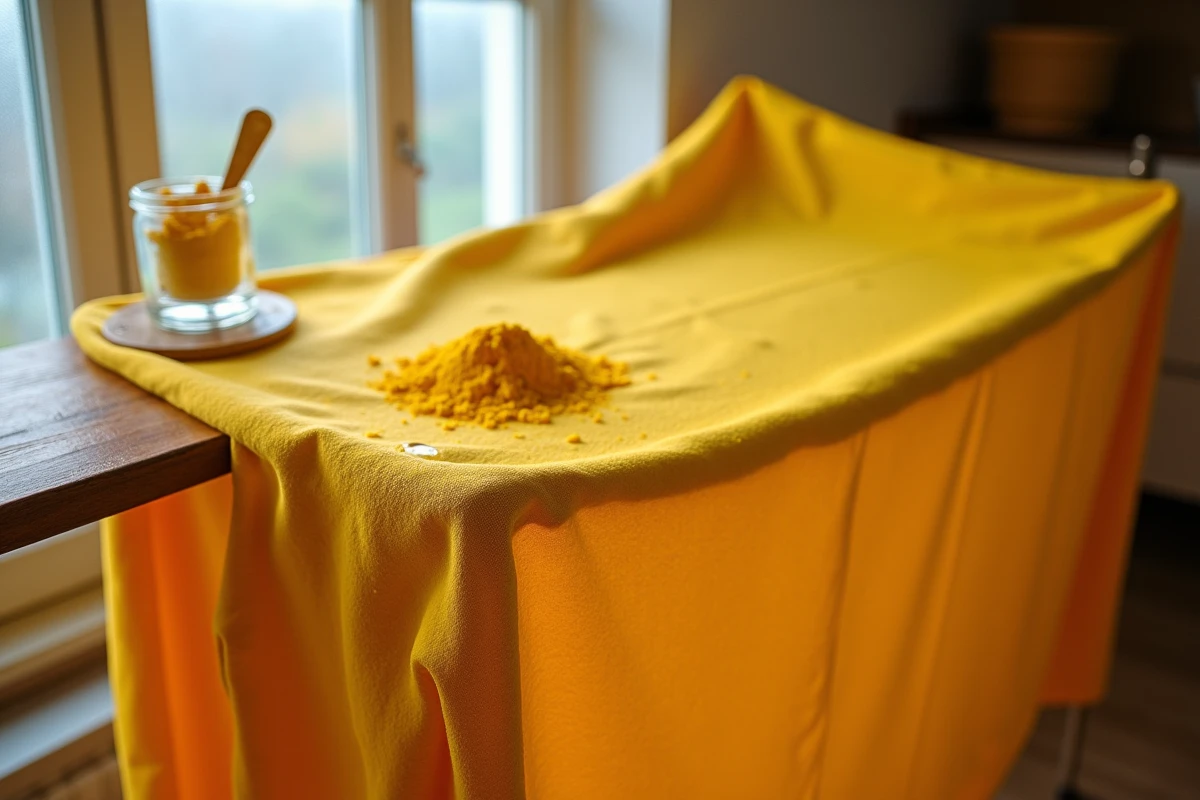 Gros plan sur un tissu polyester fraîchement teint en jaune moutarde séchant sur un portant avec des gouttes d'eau visibles sur les fibres