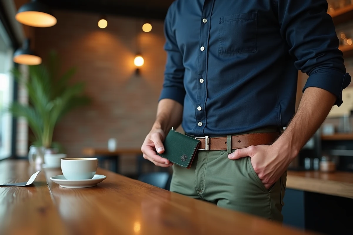 Homme insérant un portefeuille en cuir gravé vert dans sa poche dans un café, illustrant l'usage quotidien d'un portefeuille personnalisé