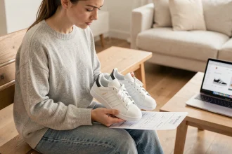 Femme comparant une paire de chaussures Adidas blanches avec un guide des tailles imprimé dans un salon minimaliste