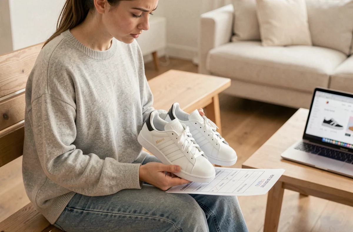 Femme comparant une paire de chaussures Adidas blanches avec un guide des tailles imprimé dans un salon minimaliste