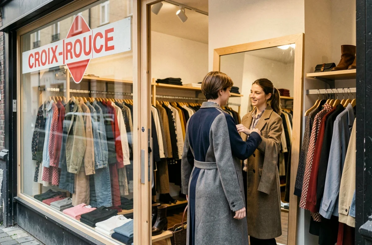 Bénévole aidant une cliente à essayer un manteau vintage à la Vestiboutique Croix-Rouge sur la rue de Béthune à Lille