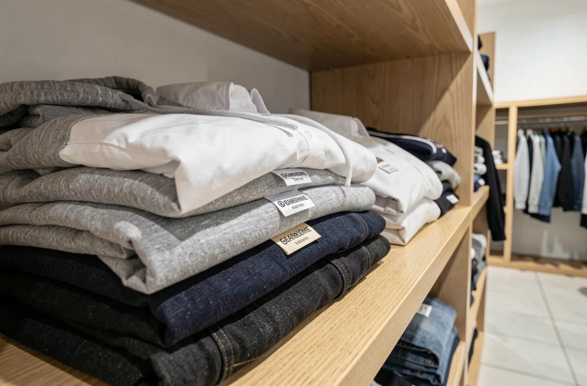Pile de vêtements pliés en boutique avec des étiquettes de marques visibles, illustrant la notion de marque générique ou inconnue