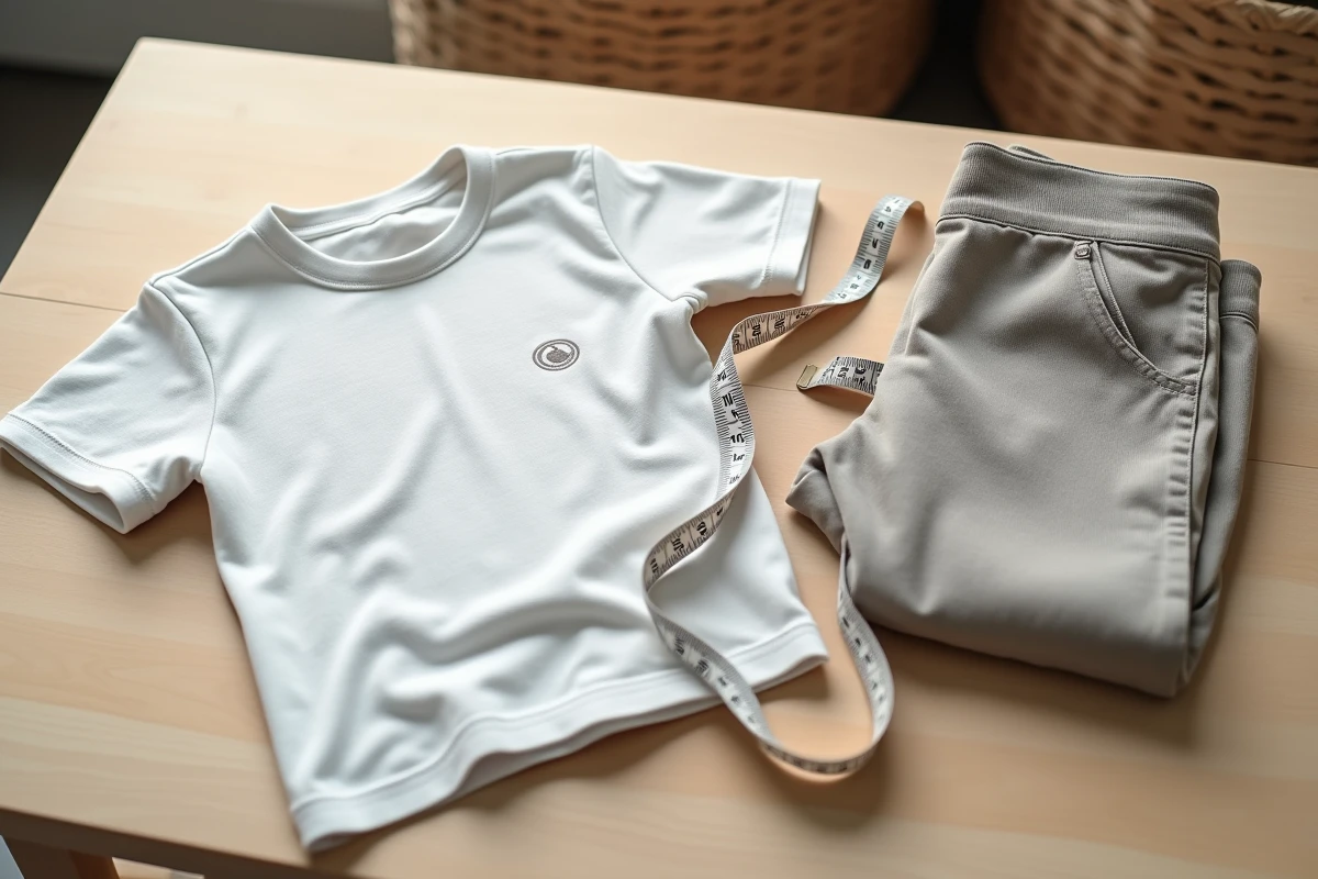 Vêtements taille 116 pour enfant posés à plat avec un mètre ruban, illustration des correspondances de taille par âge